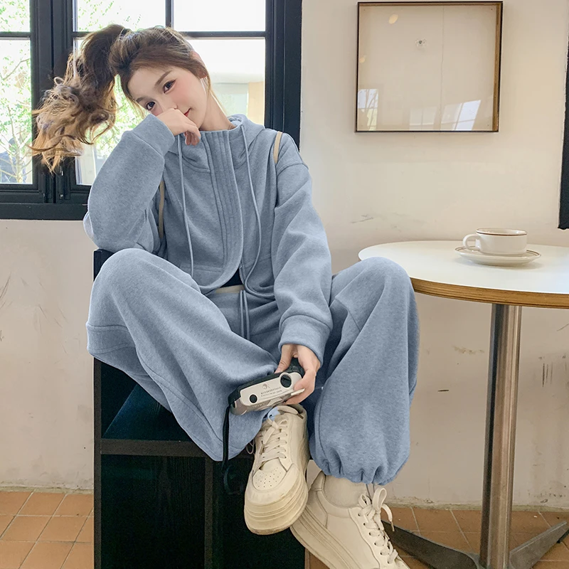 高级感网红运动休闲套装女2025春秋新款韩版连帽卫衣阔腿裤两件套