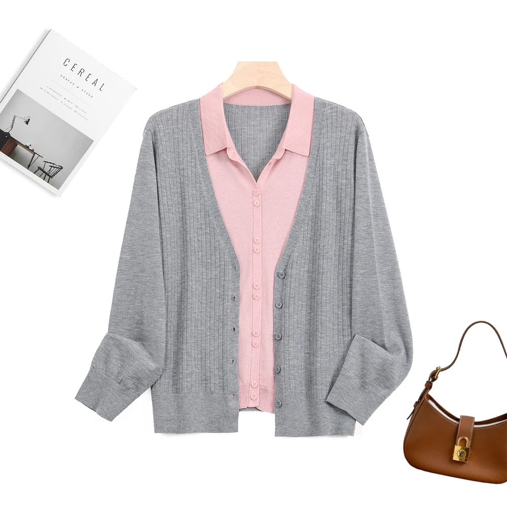 澳洲超细精纺绵羊毛新款假两件POLO领绵羊毛针织上衣女