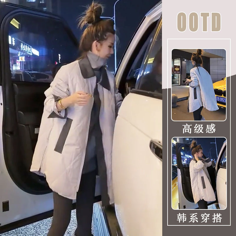 设计感洋气百搭宽松夹棉外套欧货2025秋冬新款拼接中长款菱形棉服