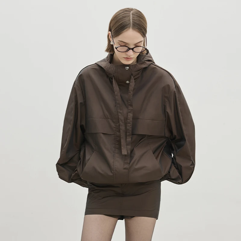 BLUEWEDIAN2025春秋连帽冲锋衣外套女简约百搭休闲外套舒适上衣