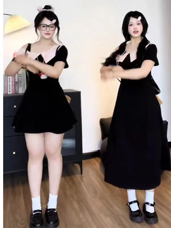 法式气质连衣裙短袖胖mm显瘦翻领假两件高级感复古裙子1995/1992