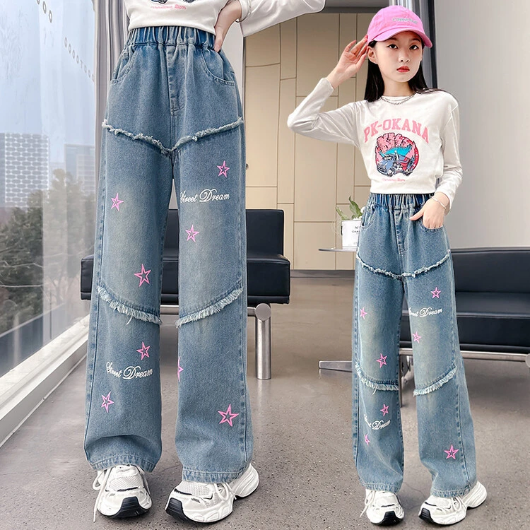 女童牛仔裤新款春秋时尚女中大童直筒宽松阔腿裤长裤宽松显瘦印花