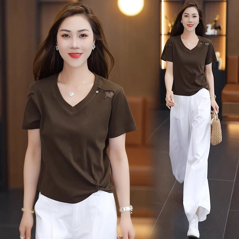 欧货V领气质短袖T恤女2025减龄洋气时尚修身显瘦百搭打底衫潮