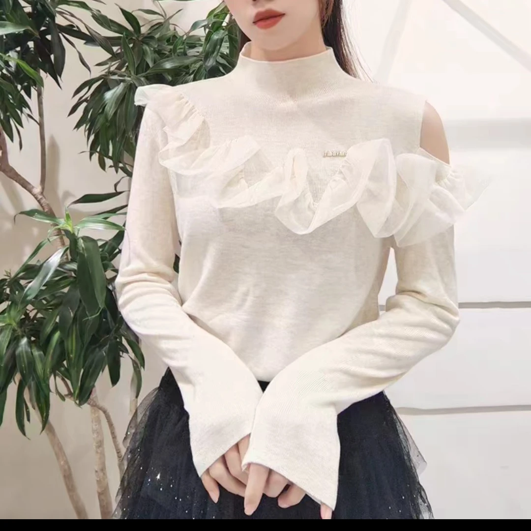 亮钻半高领蕾丝拼接针织上衣