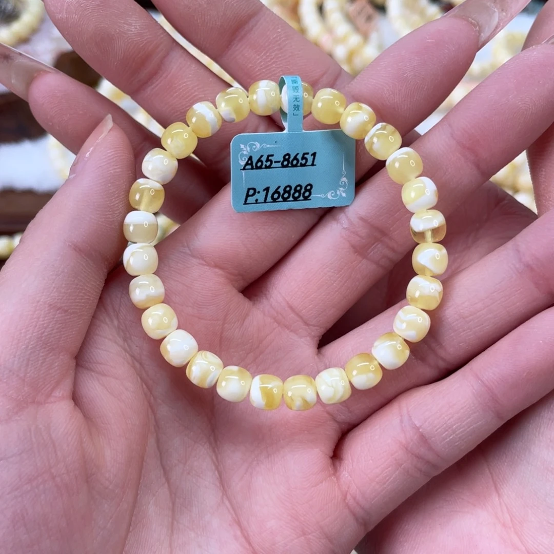 蜜蜡未镶嵌手串6.5mm 金瓷白溶洞妖花 16手围适合女生