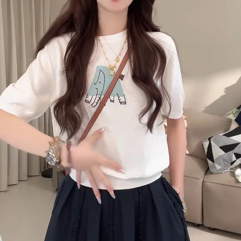 2025夏季新款短袖针织衫上衣女小象提花小衫显瘦打底衫LK2504285