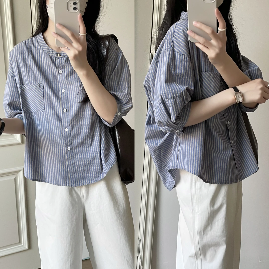 「显瘦小立领 高级感」100%棉 薄款龟背中袖条纹衬衫 秋季衬衣S068