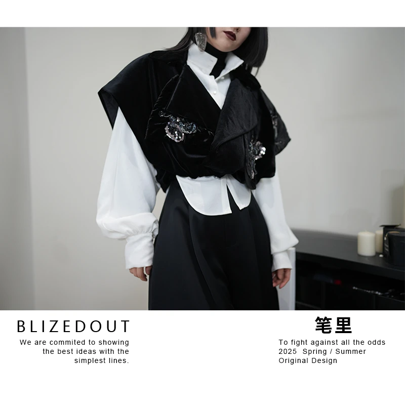 笔里【BLIZEDOUT】原创设计黑色秋冬刺绣丝绒夹棉外套马夹6010301