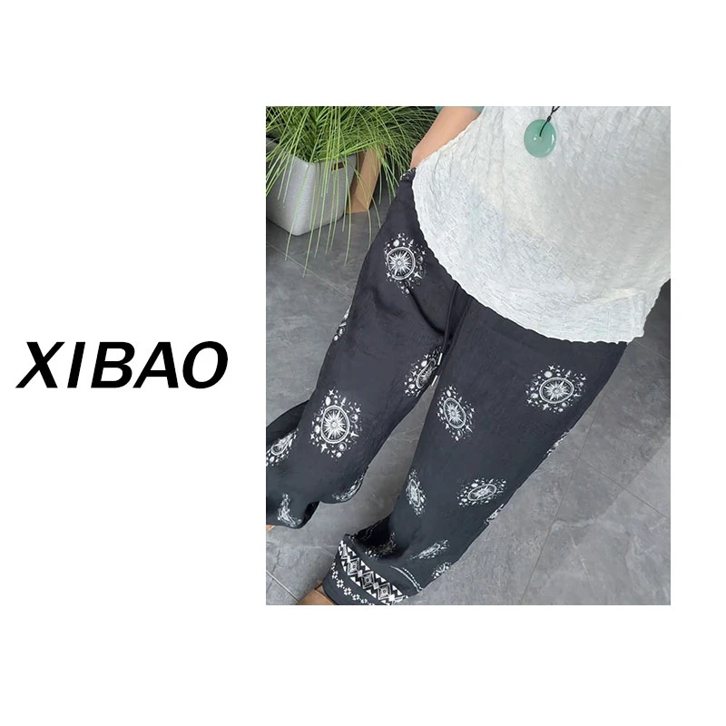夏季复古印花阔腿直筒裤简约百搭显瘦休闲遮肉