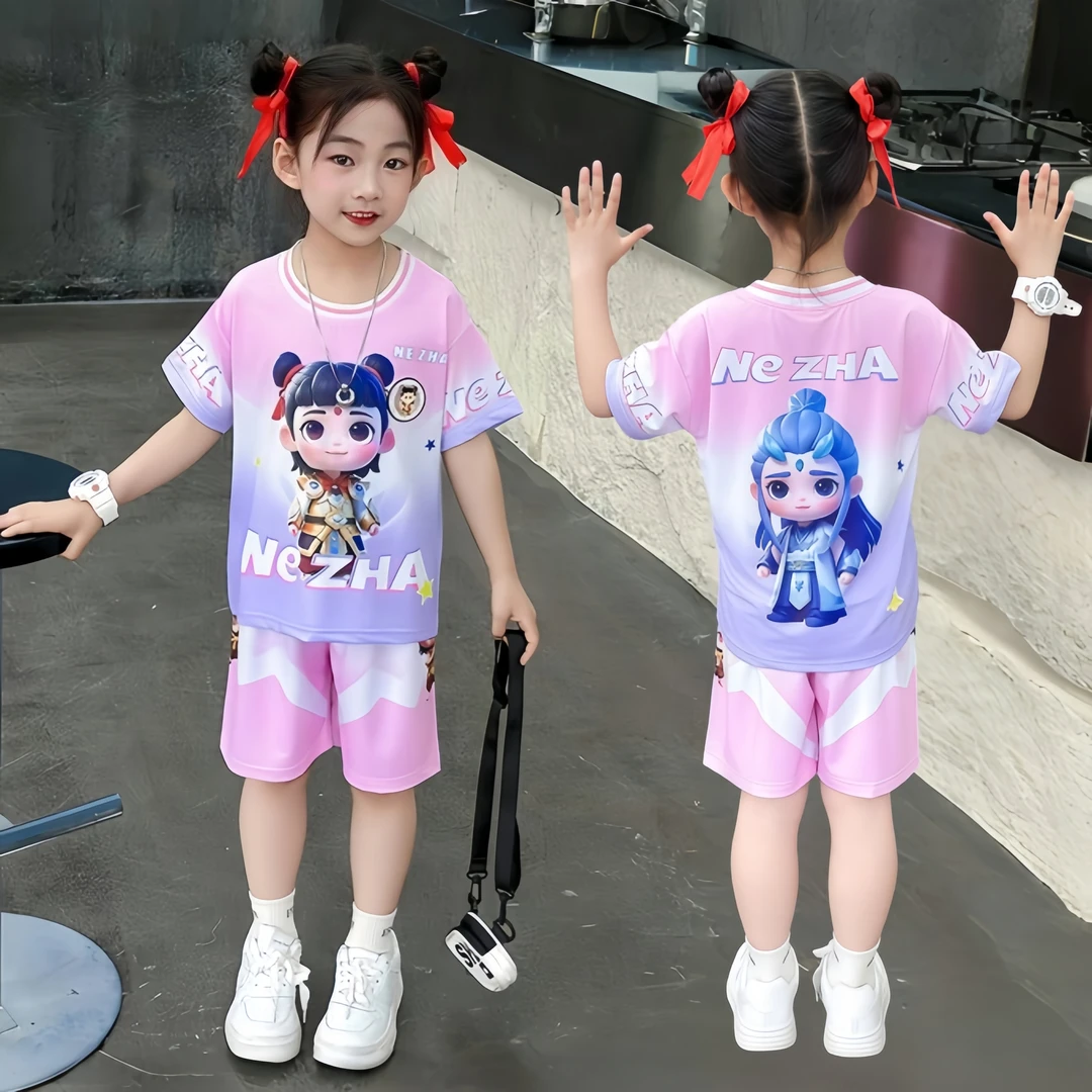 女童夏季薄款套装2025新款哪吒儿童夏装短袖速干裤女孩卡通两件套