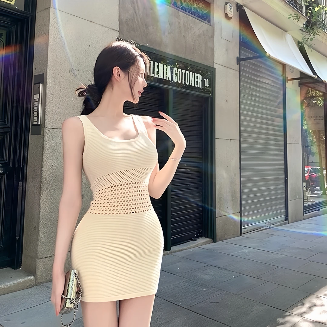 贵富•【泡芙奶霜】重工镂空收腰性感纯欲修身包臀短裙显瘦连衣裙
