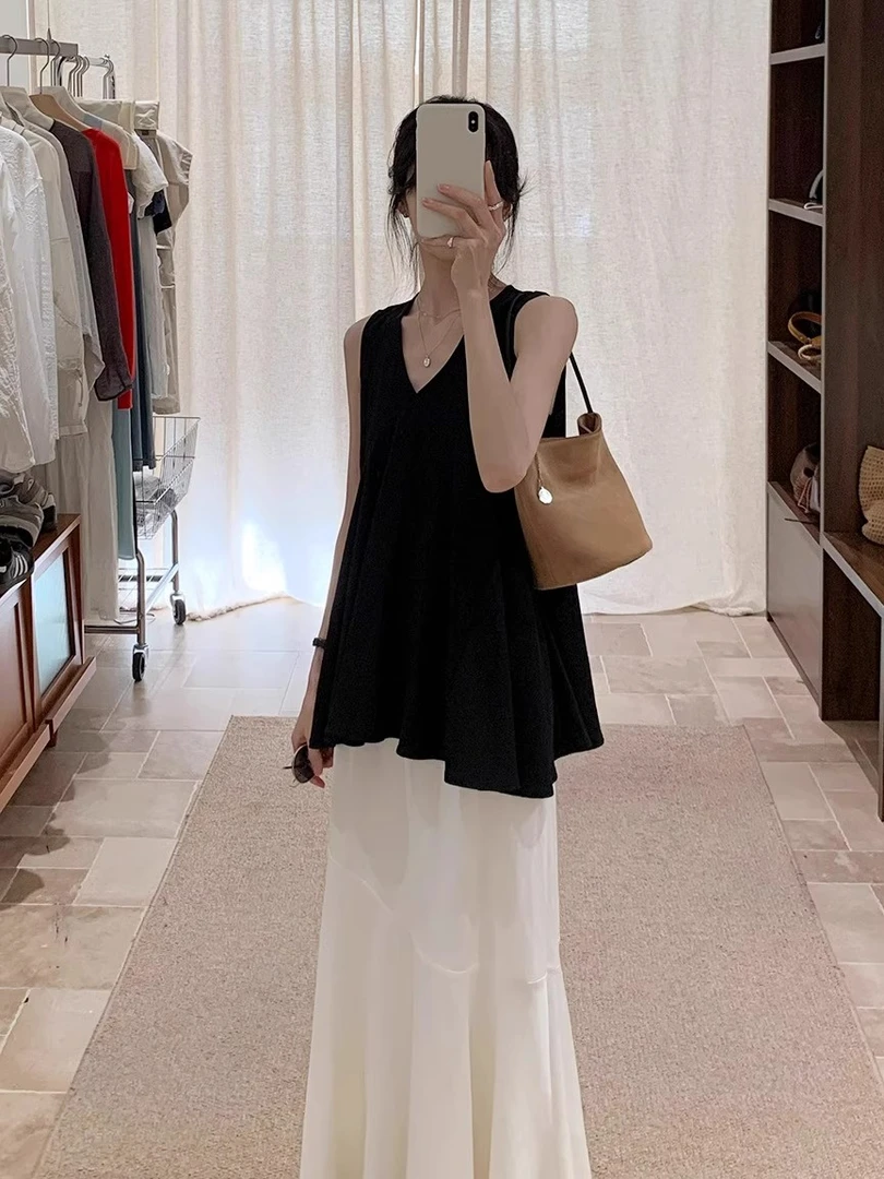 黑色V领不规则背心衬衫女夏季薄款遮副乳设计感小众外穿无袖上衣