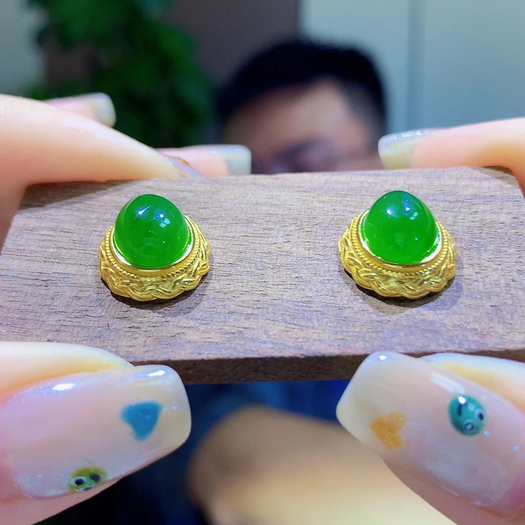 和田玉（碧玉）银S925镀金镶嵌耳饰