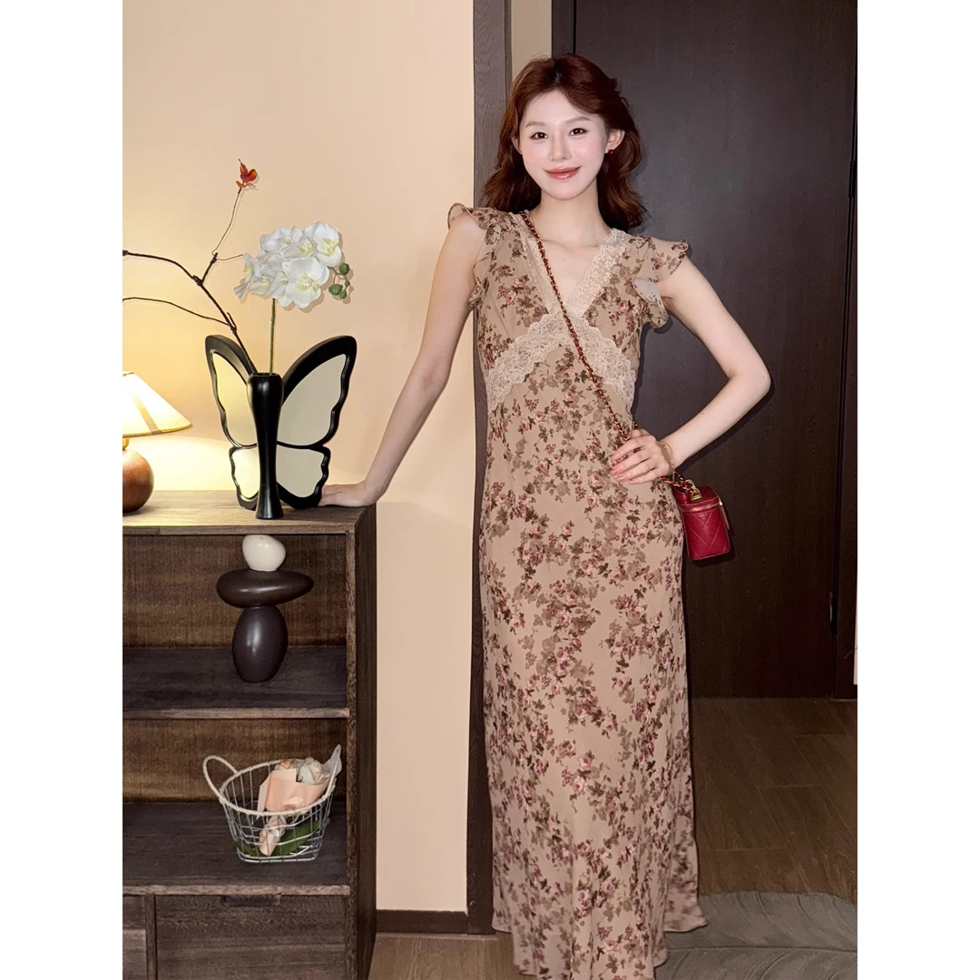 美静在这咖啡香草气质时尚花色连衣裙2055夏小飞袖碎花裙1747石