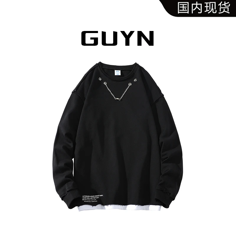 【品牌现货】GUYN假两件金属项链卫衣男休闲纯色时尚内搭打底上衣服