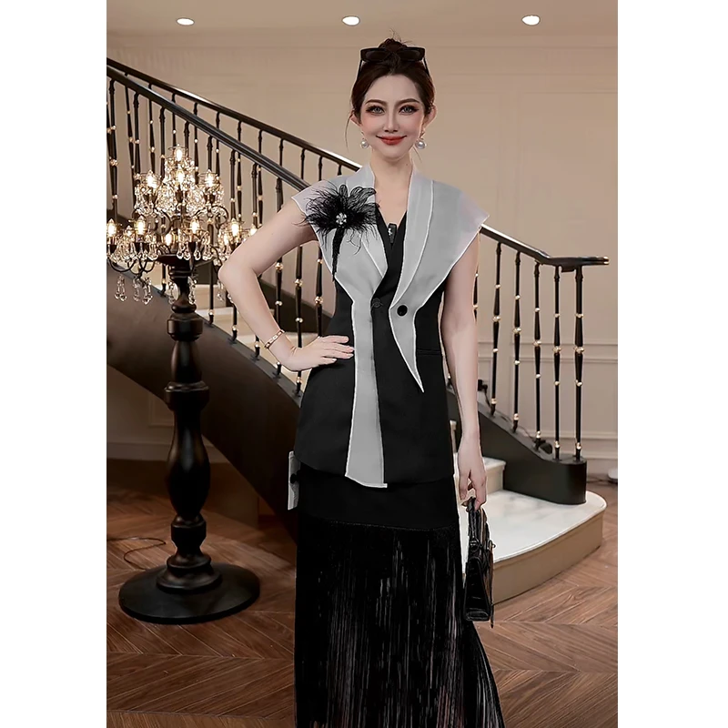 【FUNANI】 高定秀款设计感拼接手缝定制 套装 X2511103