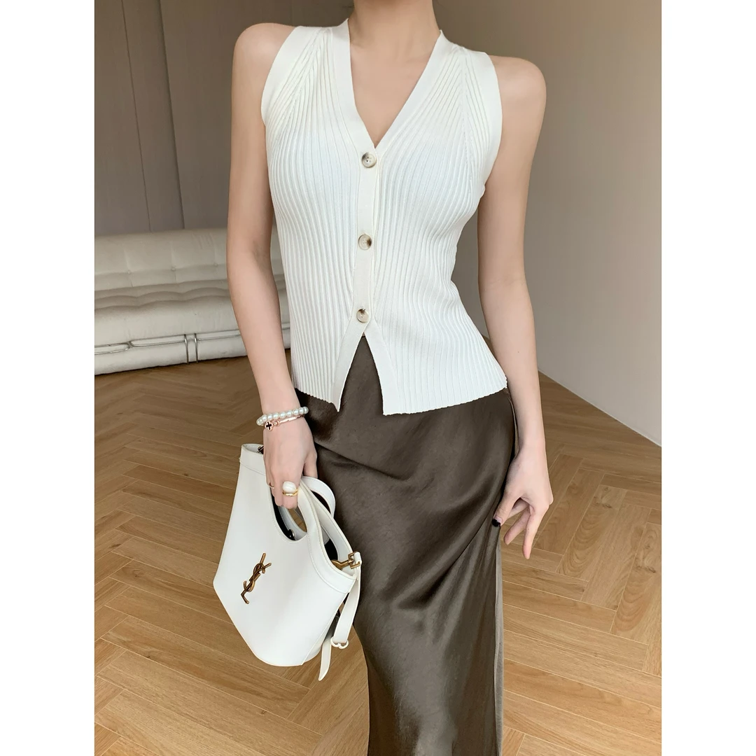 JIJINQI时尚气质显瘦百搭夏季休闲v领无袖针织衫上衣 JD02SMXL606