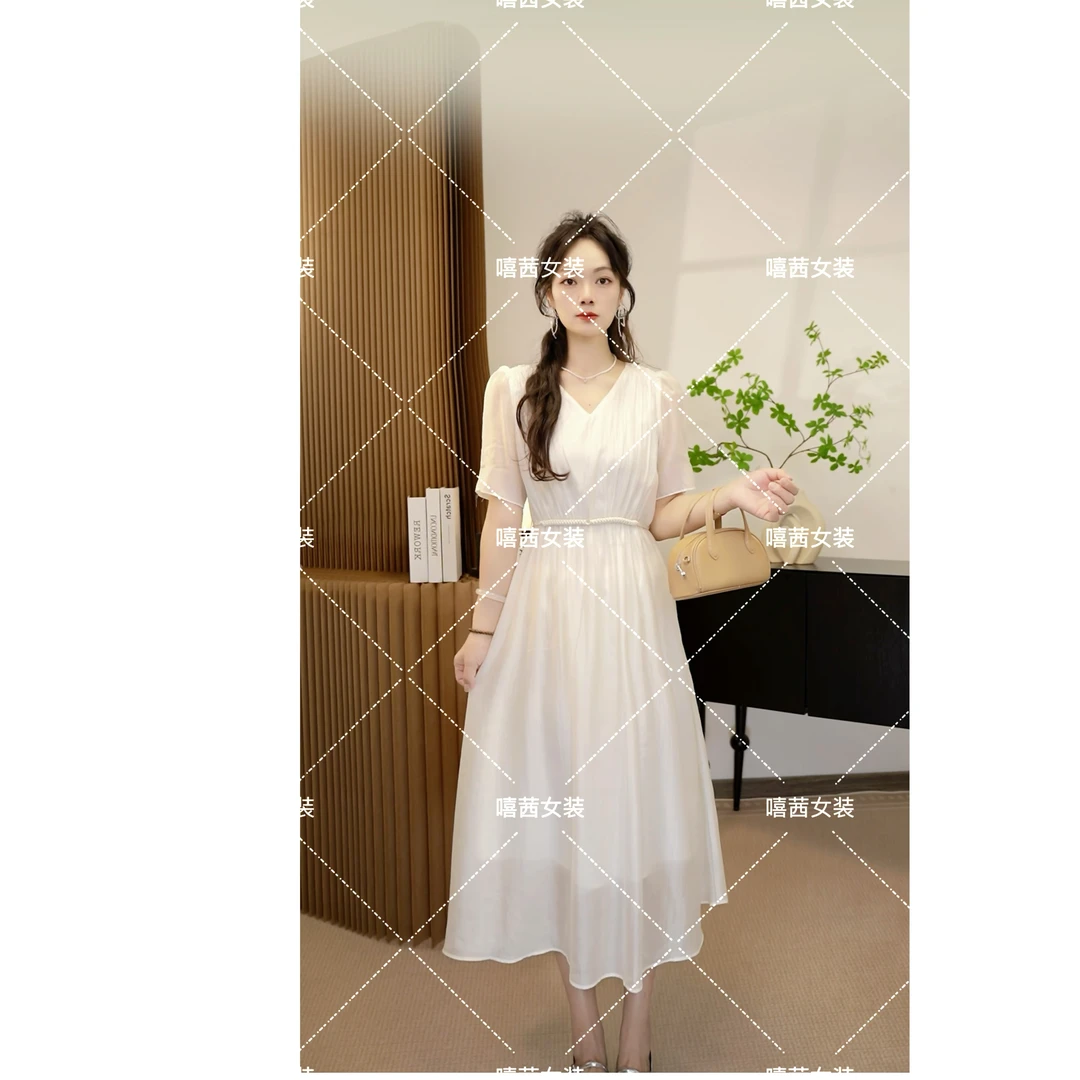 嘻茜【琉璃之夏】收腰编织设计感绑带V领显瘦气质连衣裙时尚2025夏