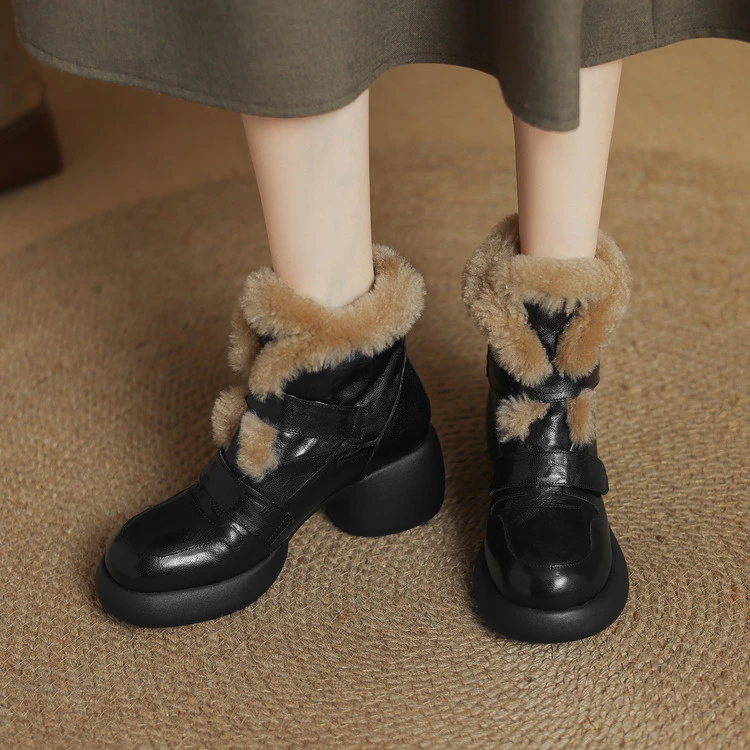 2025新款冬季短筒羊皮马丁靴青年纯色加绒圆头橡胶底平跟保暖