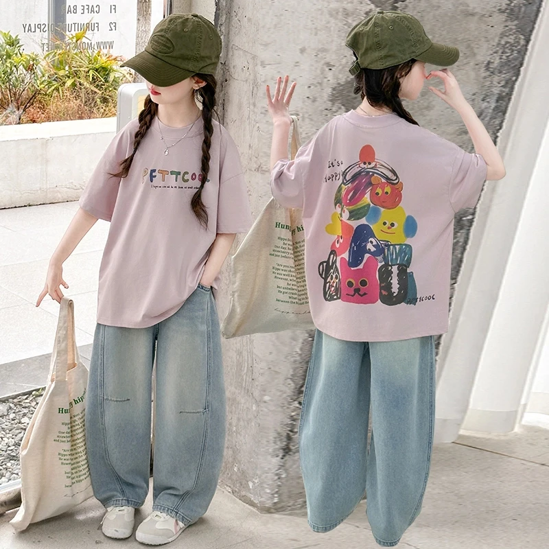 女童夏装短袖套装2025新款女大童儿童夏季T恤阔腿裤牛仔弯刀裤子