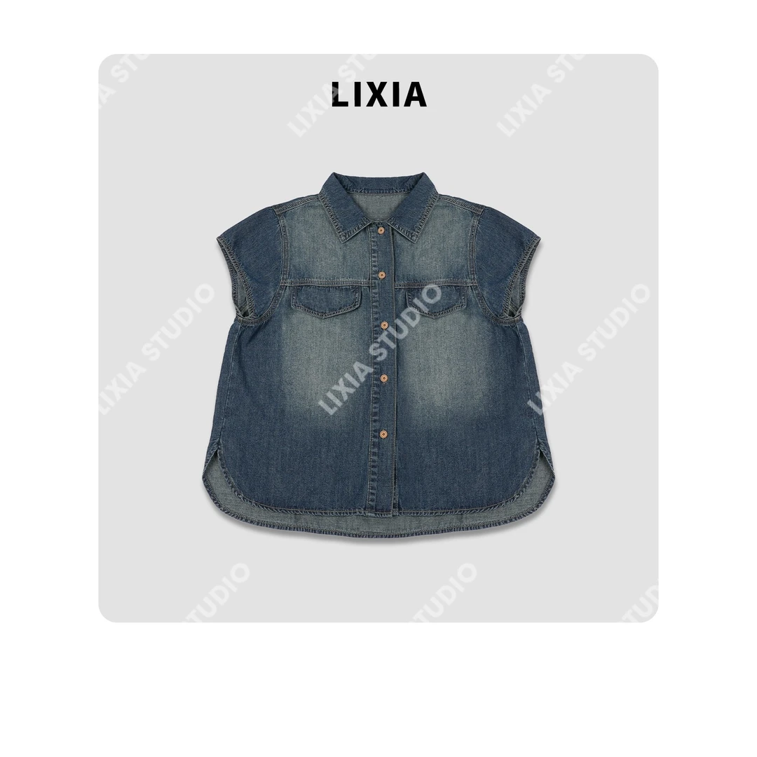 LIXIA【马格里旧约】时尚休闲ins风个性款复古蓝牛仔短袖衬衫-D8701