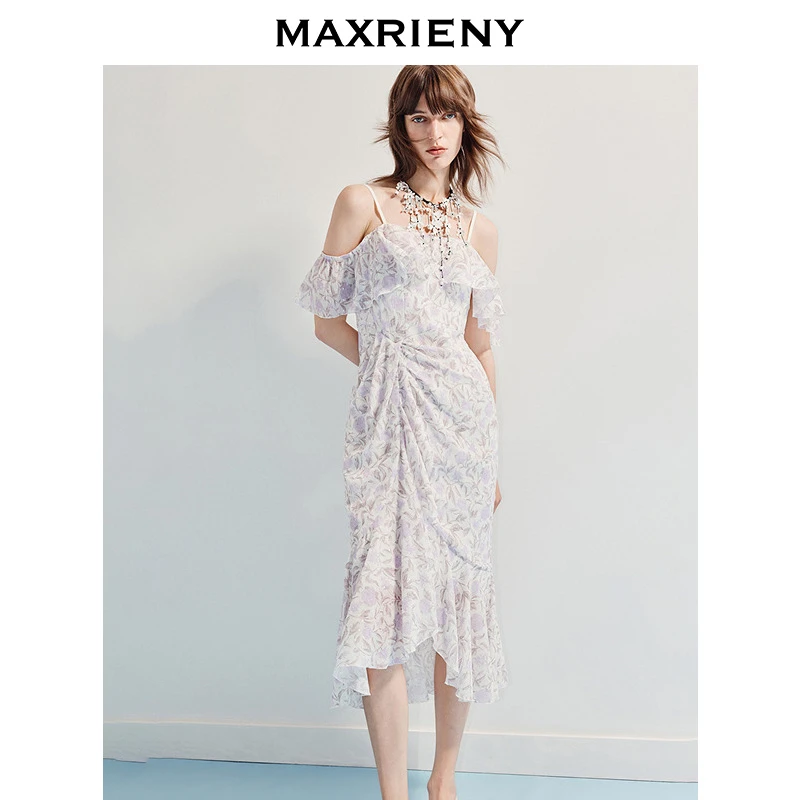 【蜜思仝】MAXRIENY25年新款紫玫瑰桑蚕丝一字领连衣裙修身长裙鱼