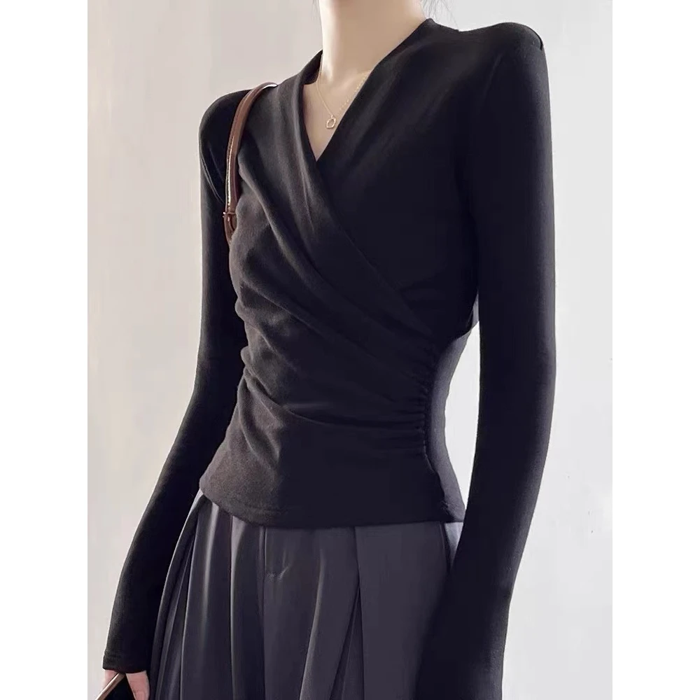 春秋冬纯欲V领打底衫长袖女内搭修身显瘦T恤交叉洋气气质上衣服