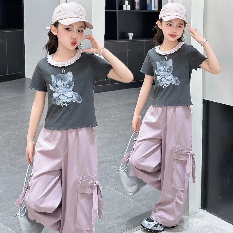 女童短袖t恤工装裤套装中大童猫咪印花上衣韩版洋气夏季2025夏装K