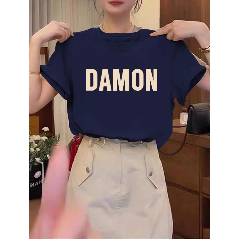 2025新款正肩纯棉圆领短袖t恤女装时尚百搭减龄藏青色上衣薄款夏