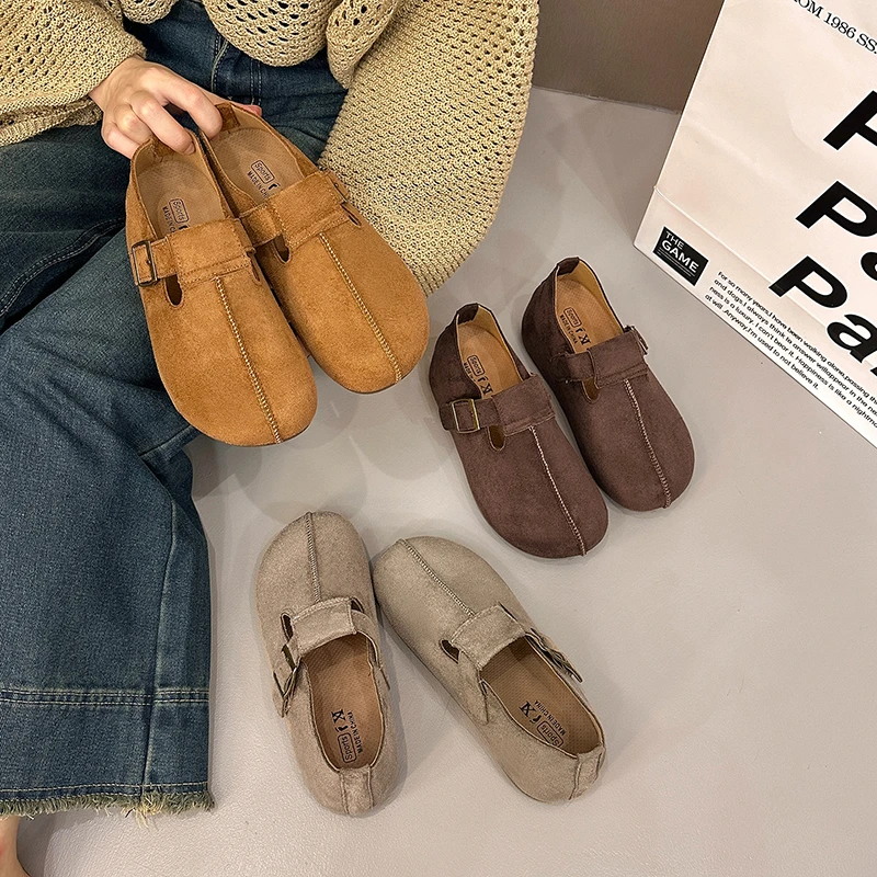 复古全包勃肯鞋女5CM内增高秋季新款平底休闲百搭小懒人单鞋