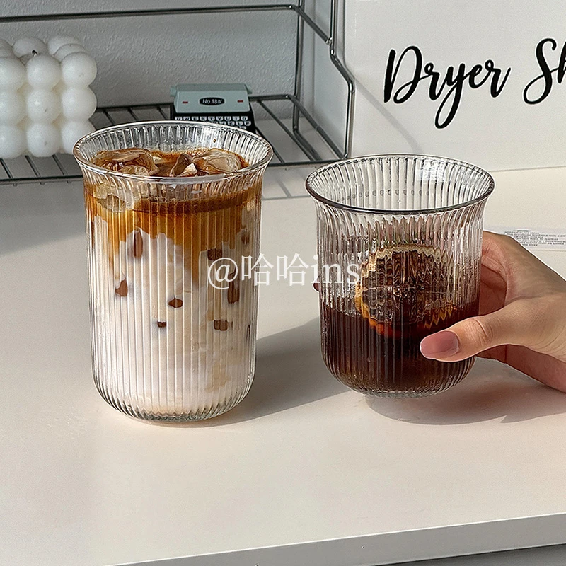 ins风条纹玻璃水杯冰美式拿铁咖啡杯家用高颜值冷饮杯牛奶杯简约
