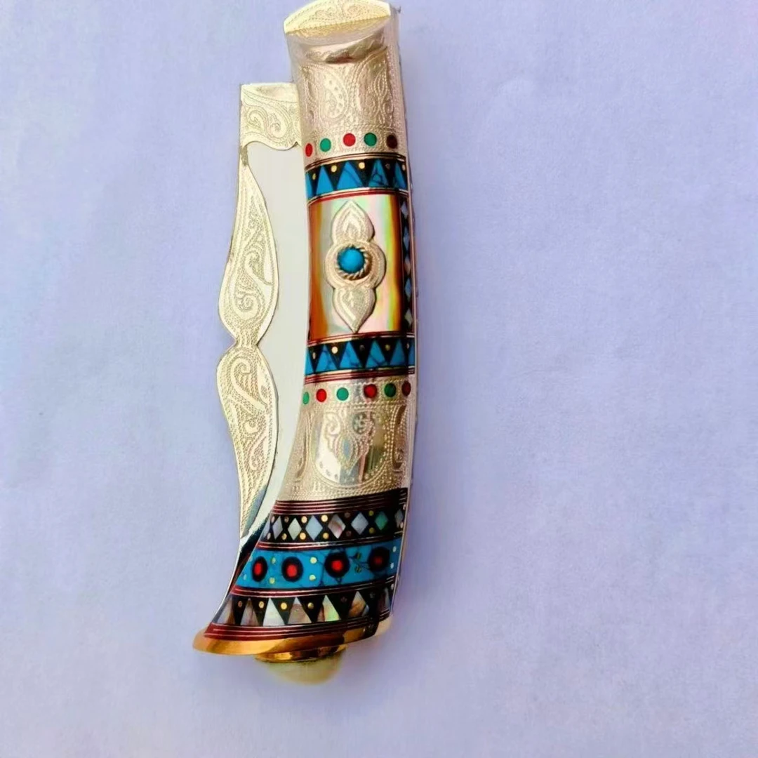 英吉沙手工小刀把子贝壳和银子制作轴承钢切肉切水果收藏把玩