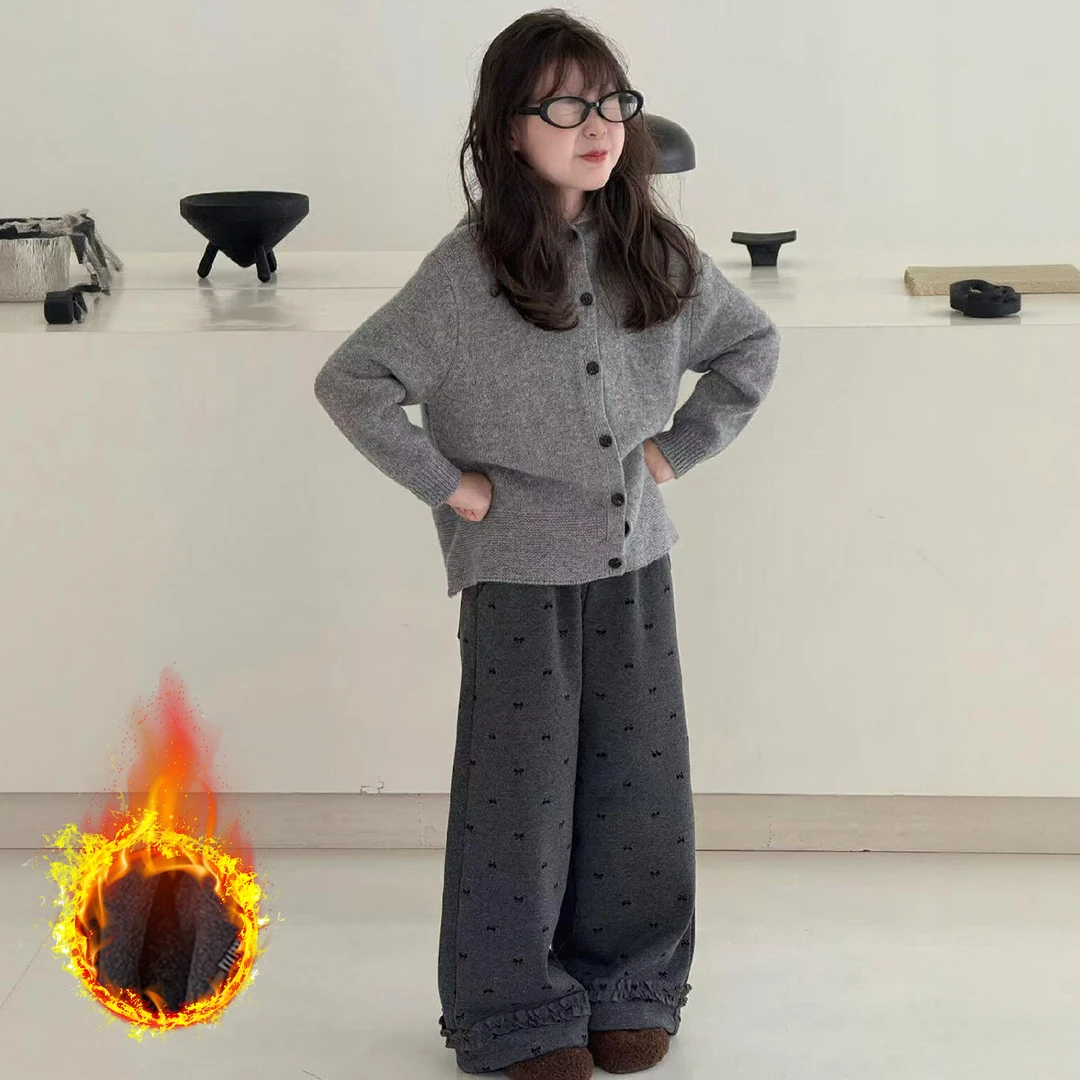 女童秋冬长裤一体绒童装新款女孩冬季洋气蝴蝶结裤子儿童直筒裤潮