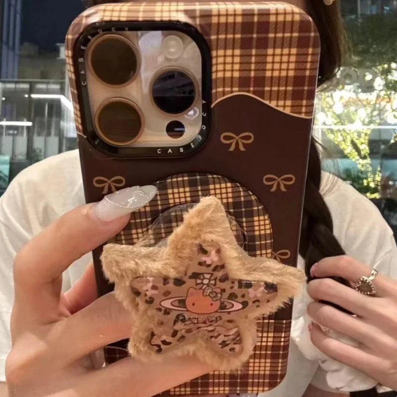 棕格纹拼接蝴蝶结磁吸适用于iPhone17promax手机壳16少女15清新14