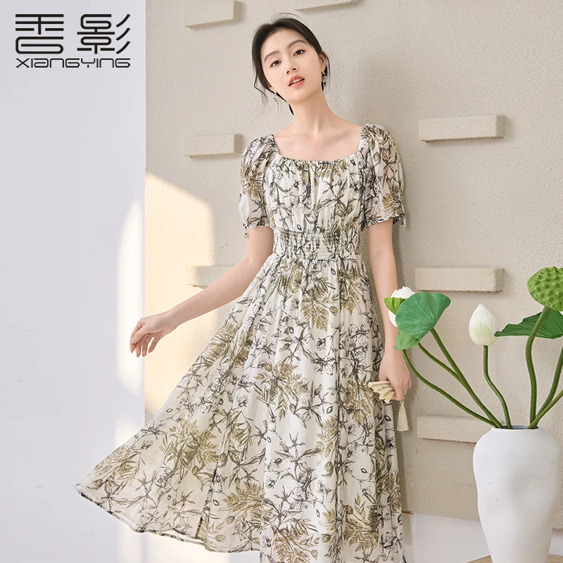 【直播专享】Q4033264连衣裙 香影方领印花连衣裙女春季新款海边度