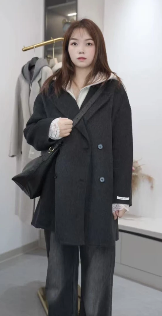 2025新款双面羊毛大衣韩系真俩件加马甲宽松女装秋冬季短款