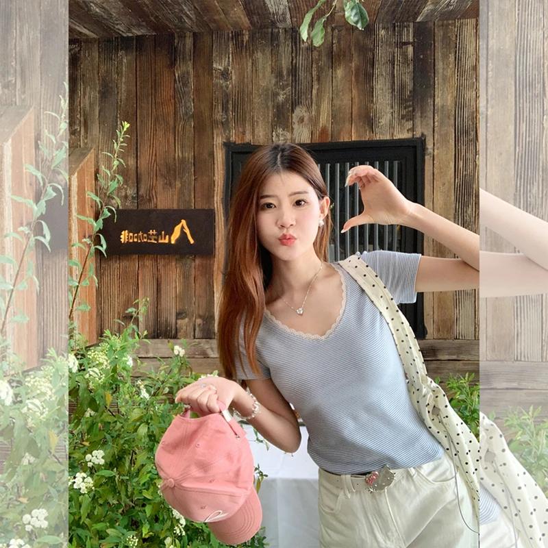 纯欲v领条纹撞色拼接蕾丝花边短袖T恤新款正肩短款上衣女夏