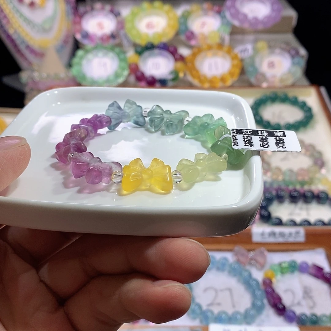 萤石手链未镶嵌彩虹渐变蝴蝶结13mm