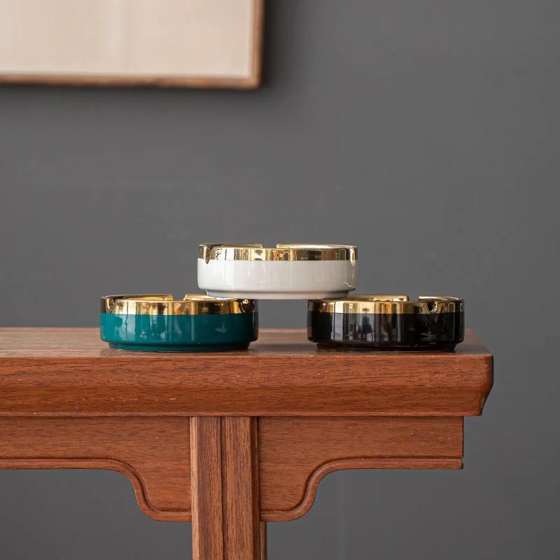 手工描金陶瓷烟灰缸宾馆酒店餐厅桌饭店简约纯白色圆型烟盅防飞灰