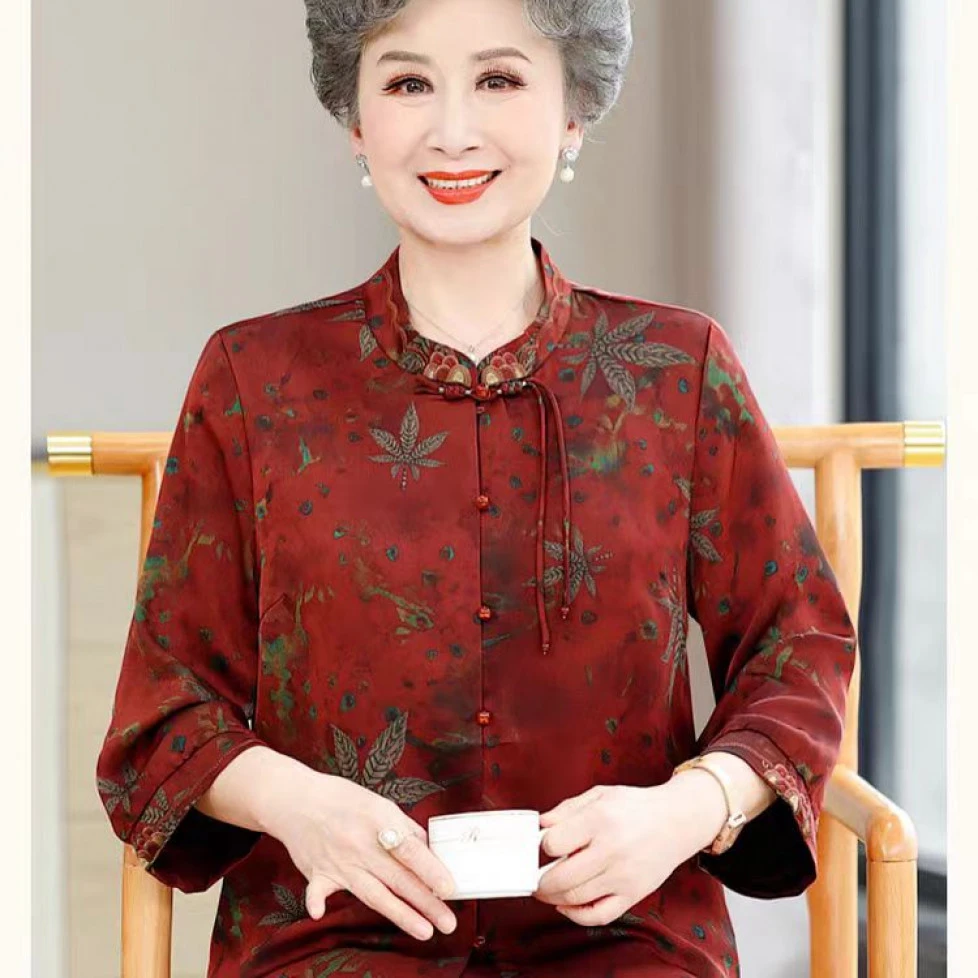 70057-1【枫叶红】老年人女七分袖衬衫婆婆妈妈夏季衬衣国风上衣
