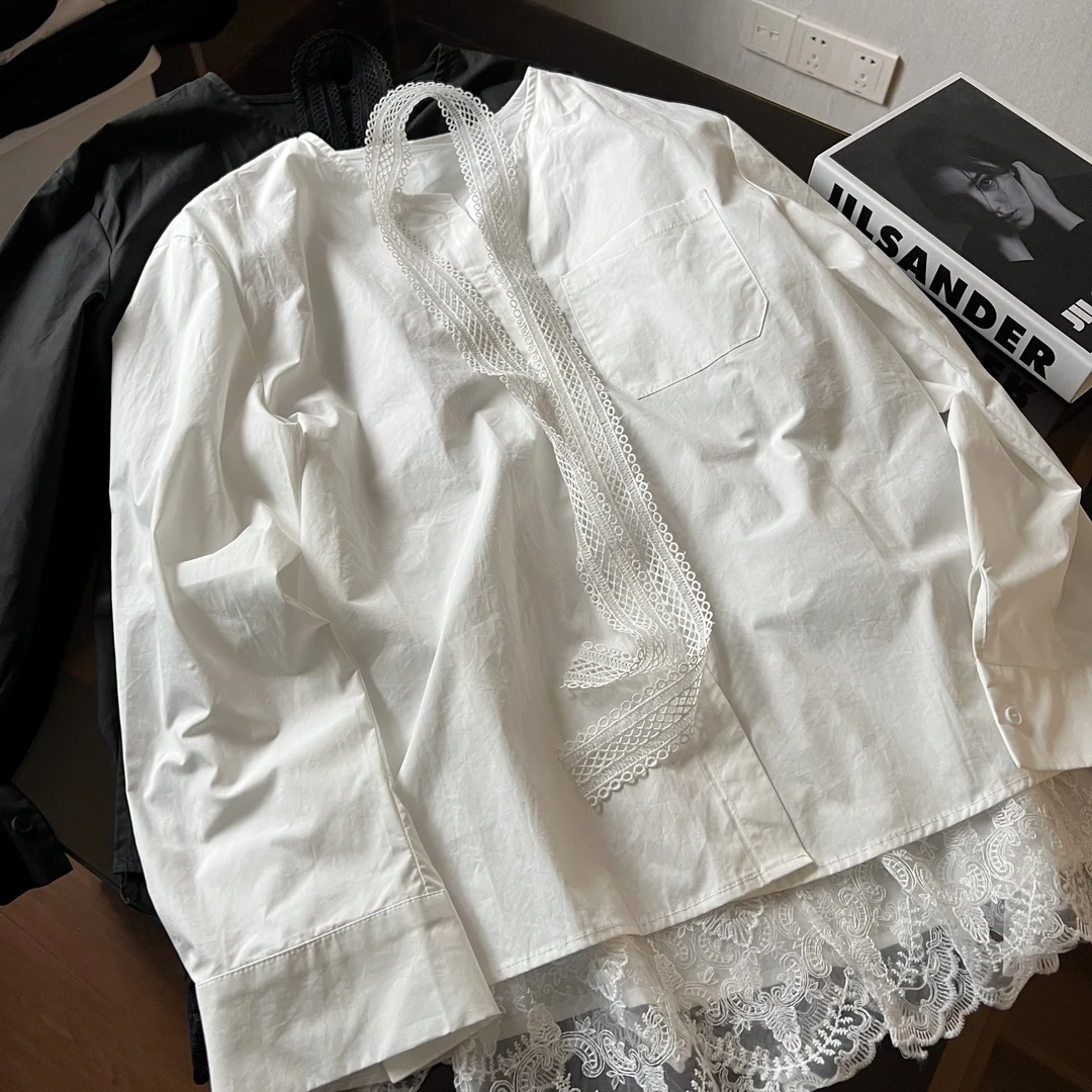 YUXI▪️2025早春新款欧韩版花边领带休闲宽松衬衫女