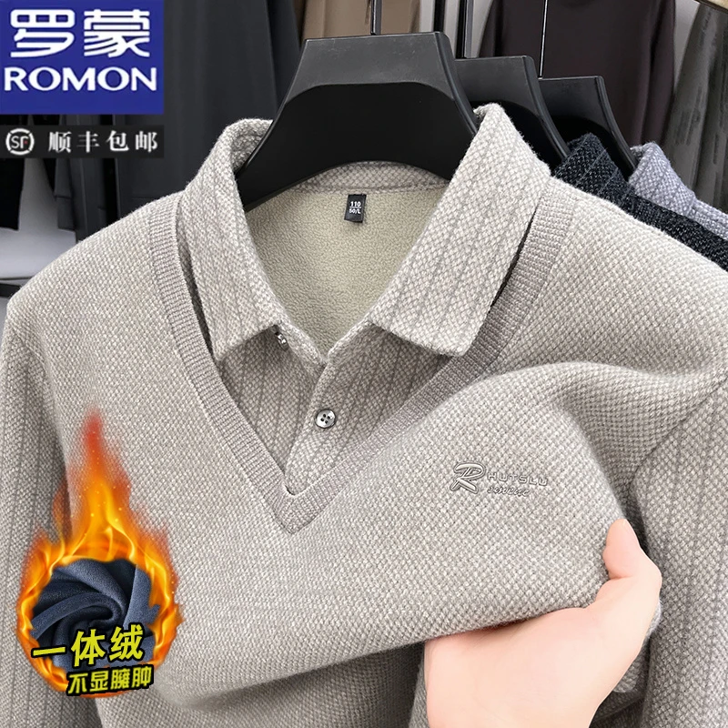 罗蒙假两件针织衫男士冬季加绒加厚衬衫领毛衣男休闲高端打底上衣