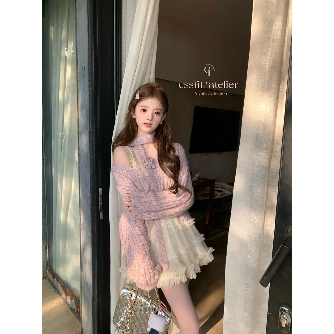 迟伞伞绵绵千杂色定染混紫色领花朵时尚围巾ol针织开衫外套春上衣