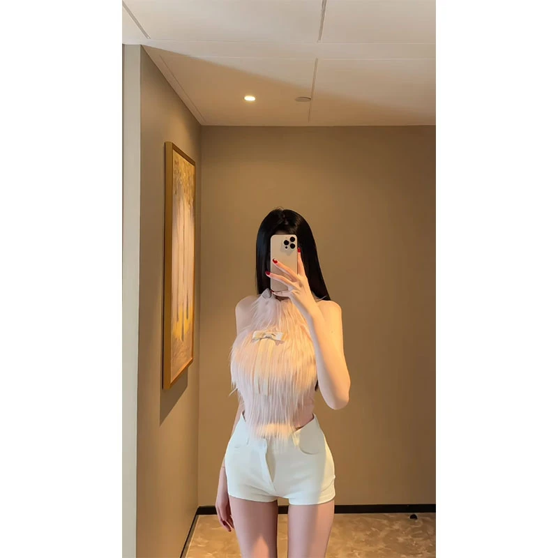 2025春季新款时尚蝴蝶结粉色毛毛挂脖背心配高腰气质热裤两件套女