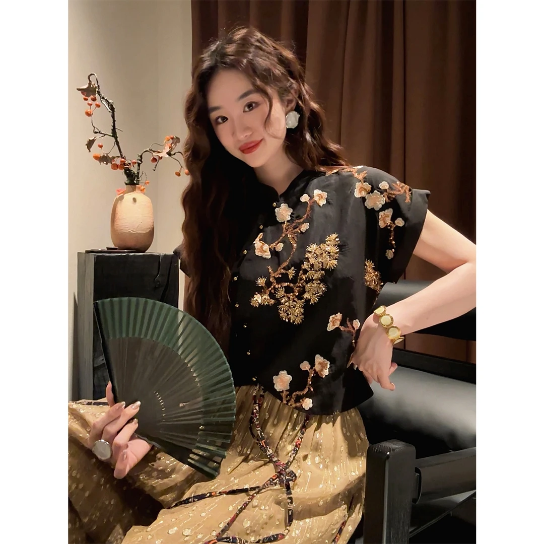 三吉黑花【花卧酒】新中式国风女装2025新款短袖衬衫气质女士上衣