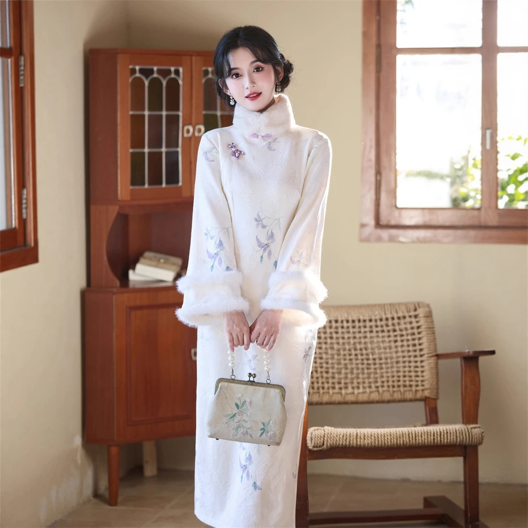 时尚改良年轻少女款提花加绒旗袍2025秋冬新款日常可穿长袖旗袍裙