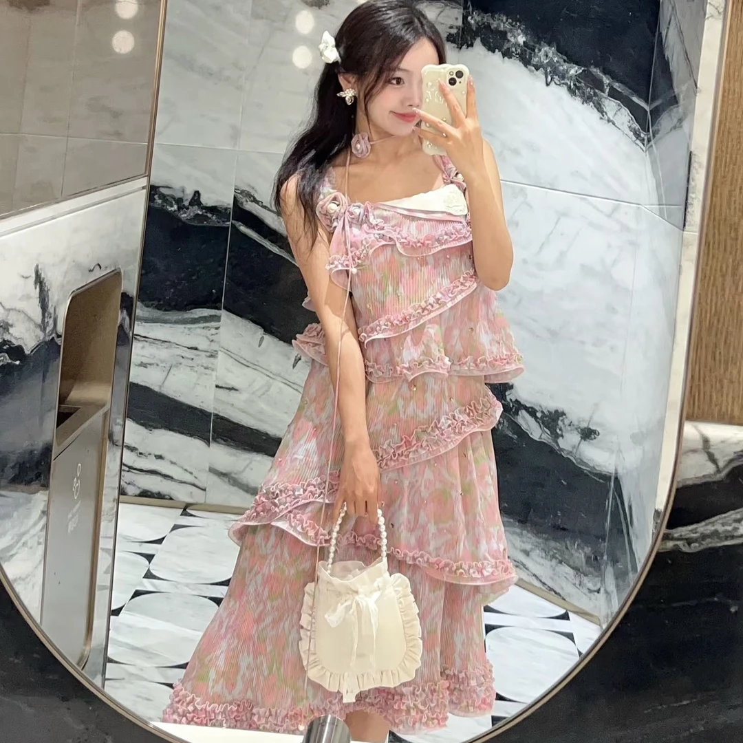 六六专属 （梦幻粉漾）少女褶边粉色印花打缆吊带连衣裙夏度假长裙