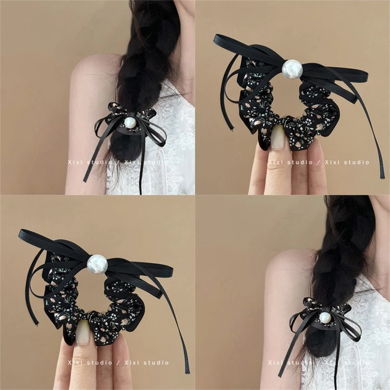 夜幕降临！黑色碎花蝴蝶结大肠发圈！高级感扎发头绳女新品新款