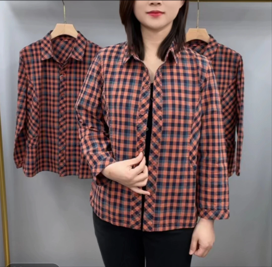 《专柜品质》春季新款水洗布格子衬衫方领宽松长袖女士休闲上衣5