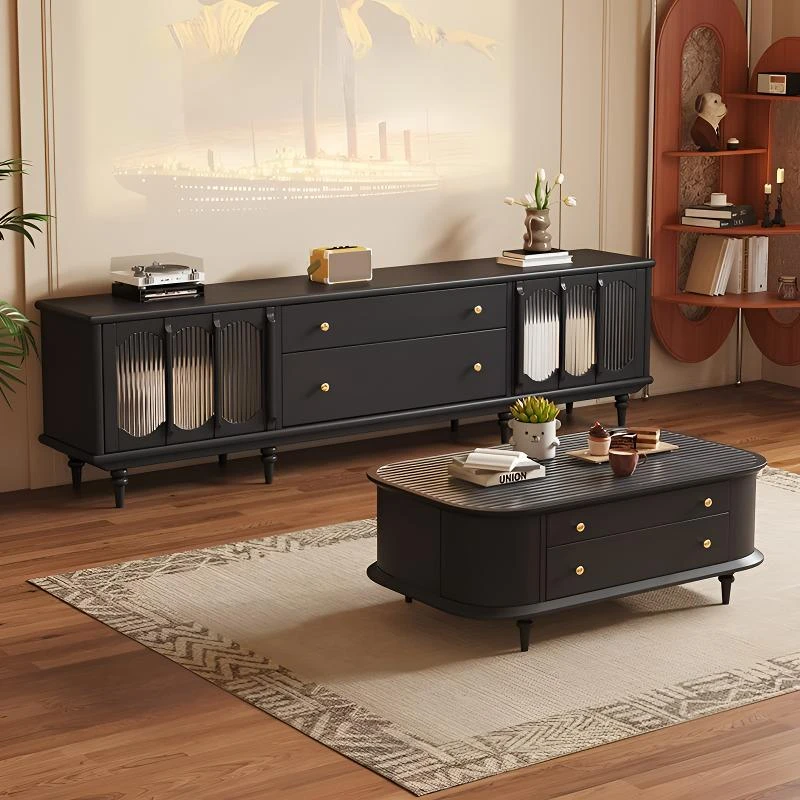 实木电视柜茶几组合小户型客厅新款黑色复古美式中古风法式电视柜